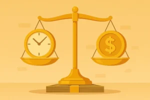 A scale balancing time and money, representing the sacrifices to be rich.