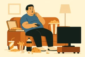 A person watching TV on a couch surrounded by junk food, representing things poor people do.