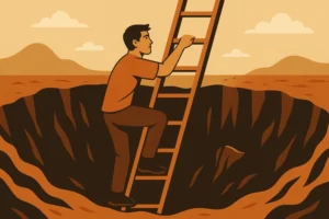 A person climbing a ladder out of a hole, symbolizing how to force your way out of poverty.