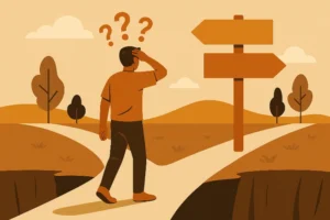 A person hesitating at a crossroads, symbolizing one of the reasons why people fail.