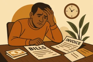 15 Money Habits That Keep You Poor (And How to Break Them) A person looking stressed over bills, a result of money habits that keep you poor.