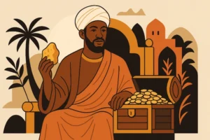 A portrait of Mansa Musa, seated on a throne, holding a gold nugget in one hand and resting the other on a chest overflowing with coins, in a stylized, regal African setting.