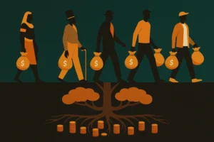 A family tree with roots made of gold coins, showing how to create generational wealth.