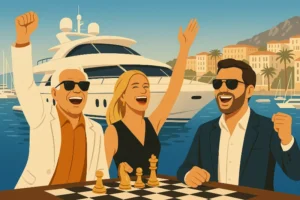 A luxury yacht in a marina, symbolizing the lifestyle in countries where rich people do what they want. and some rich people as foreground. They look happy euphoric