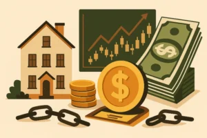 A collage of different assets that make people rich, including real estate and stocks.