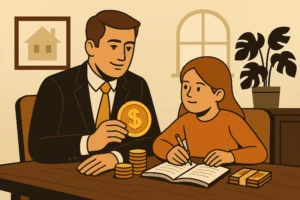 A parent teaching their child about finances, illustrating the lessons rich parents teach their kids.