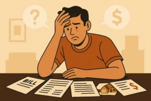 A person looking stressed over bills, a result of money habits that keep you poor.