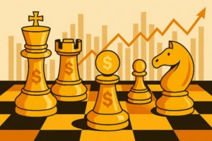 A chessboard with money pieces, symbolizing the strategic rules of money.