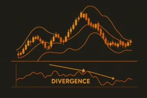 A trading chart showing the Bollinger Band RSI Trading Strategy with a clear divergence signal.