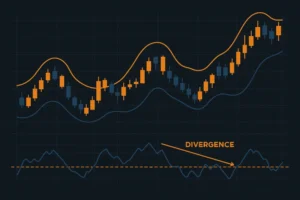 A trading chart showing the Bollinger Band RSI Trading Strategy with a clear divergence signal.