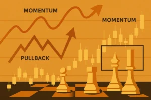 A trading chart illustrating the four price action secrets, including momentum and pullbacks.