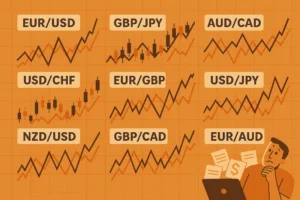 A fast-paced chart with multiple currency pairs, symbolizing a quick guide to Forex trading for beginners.
