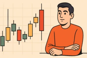 A candlestick chart with annotations explaining its different parts, for a beginner's guide.