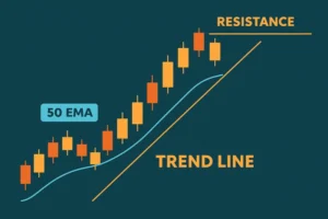 A trading chart showing the best moving average trading strategy with the 50 EMA and a trendline.
