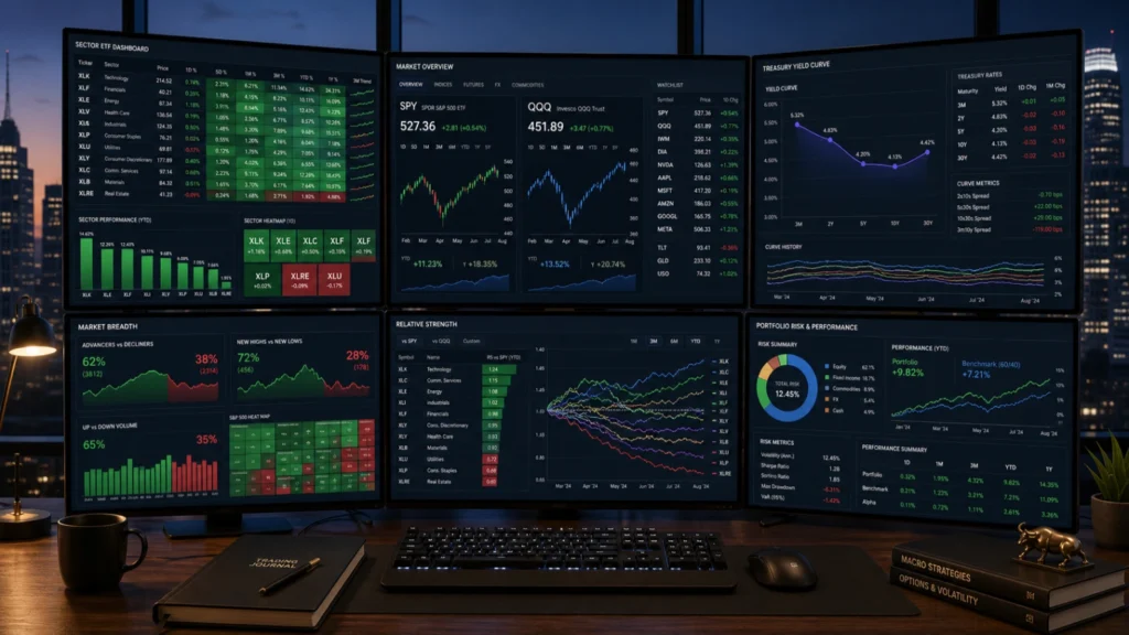 ETF trading explained with sector performance and macro dashboard