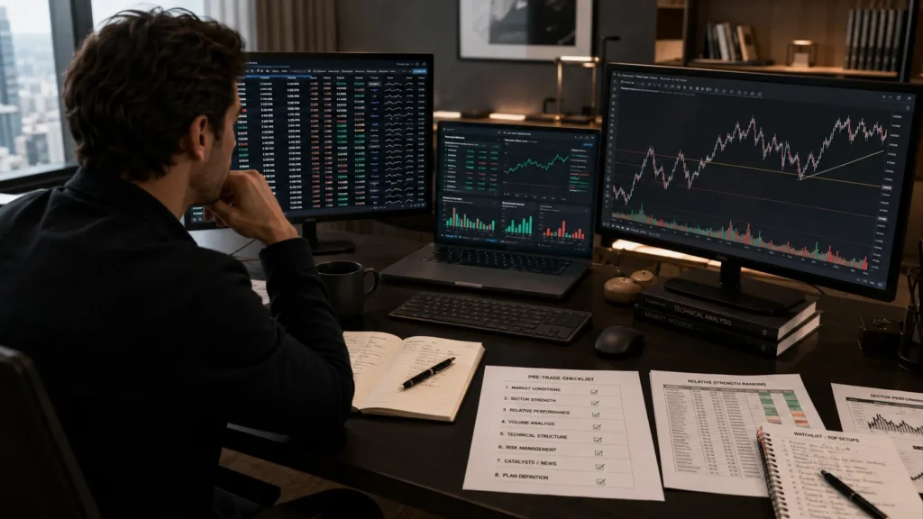 Stock filtering process before trading entries using macro sector and technical analysis