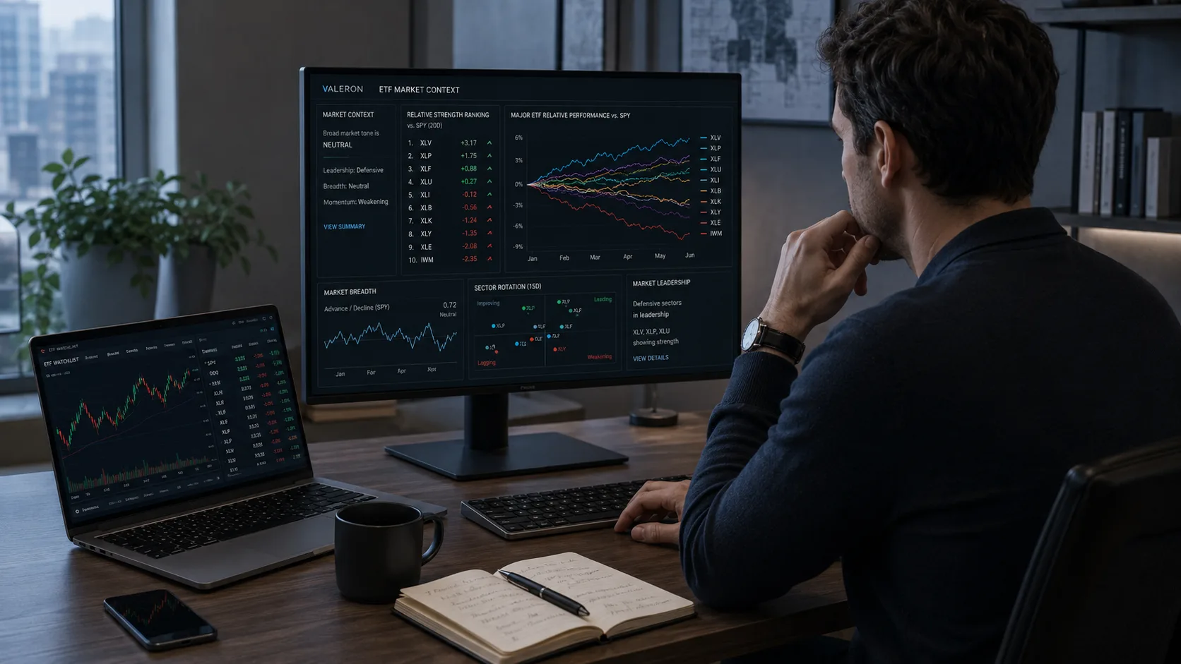 Valeron uses ETFs to build market context with sector ratios and macro dashboards