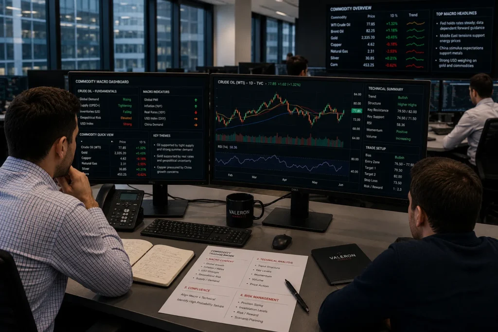 Trade commodities with macro context and technical execution workflow