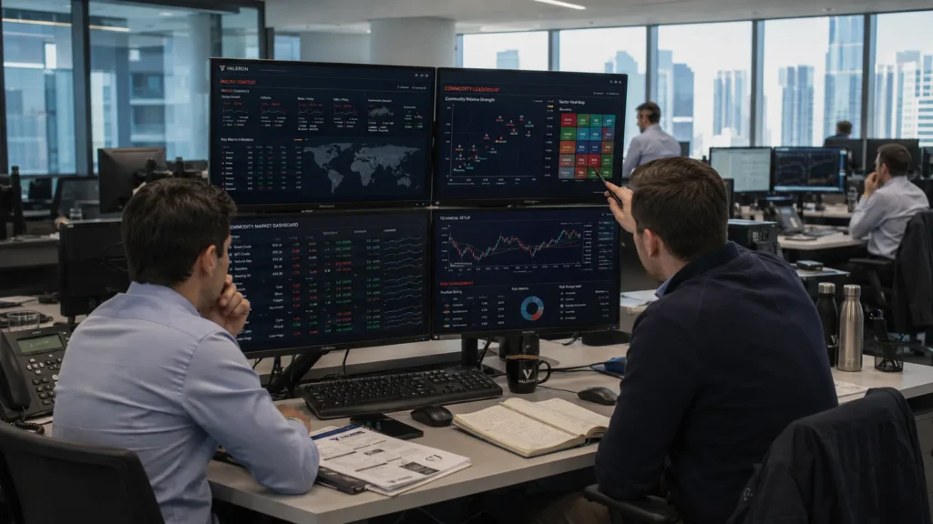 Valeron framework for commodity market analysis using macro DXY rates charts and risk