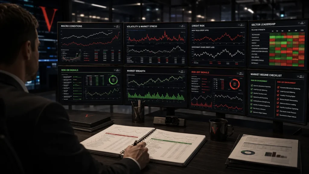 Risk-on and risk-off market checklist using macro credit volatility and sector leadership