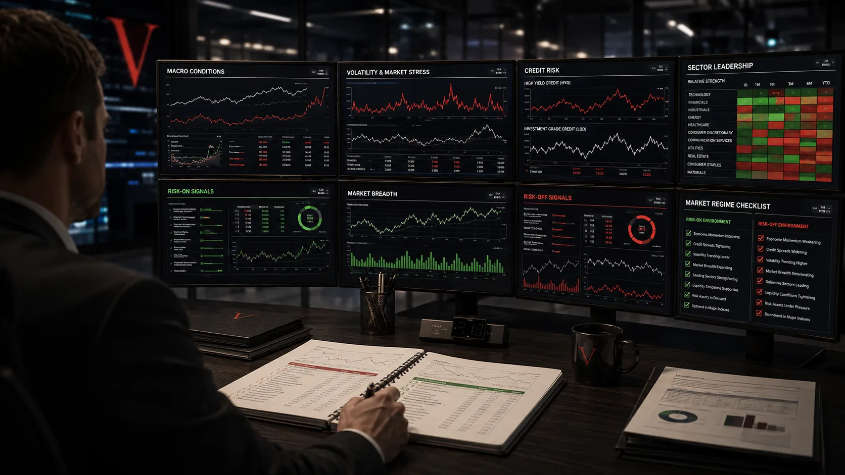 Risk-on and risk-off market checklist using macro credit volatility and sector leadership