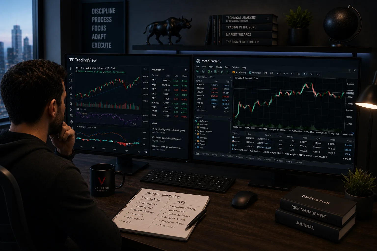 TradingView vs MT5 with realistic Valeron dashboard charts spreadsheets and trading tools