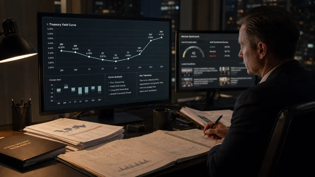 Yield curve analysis used before market sentiment in a professional macro trading process